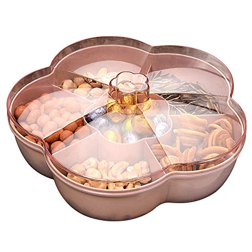 ISAKEN Snackbox mit Deckel, 6 Zellen Blumenforme Süßigkeiten Box, Lebensmittel Aufbewahrungsbox Obstbox Obsttablett, Transparente Snackfach Snackplatte Trockenobstbehälter aus Kunststoff, Pink, M von ISAKEN