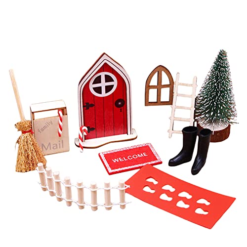 ISAKEN Wichteltür Weihnachten Set, Miniatur Wichtel Set DIY Weihnachten Puppenhaus-Set Wichtel Tür Weihnachtsbaum Holzfass Bank Besen Miniatur-Puppenhausmöbel Weihnacht Zubehör von ISAKEN