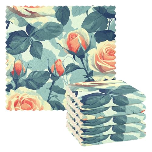 ISAOA 6 Stück Geschirrtücher Geschirrtücher Mikrofaser Reinigungstücher Wiederverwendbare Küchenhandtücher Blume Weiß Rosa Rose Waschbar Lappen Tuch von ISAOA