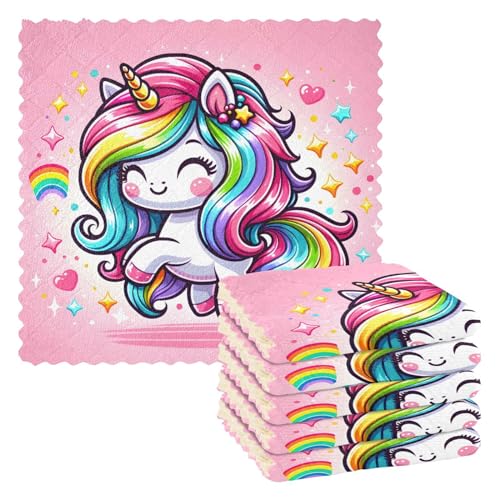 ISAOA 6 Stück Geschirrtücher Geschirrtücher Mikrofaser Reinigungstücher Wiederverwendbare Küchenhandtücher Niedlich Cartoon Regenbogen Einhorn Waschbar Lappen Tuch von ISAOA