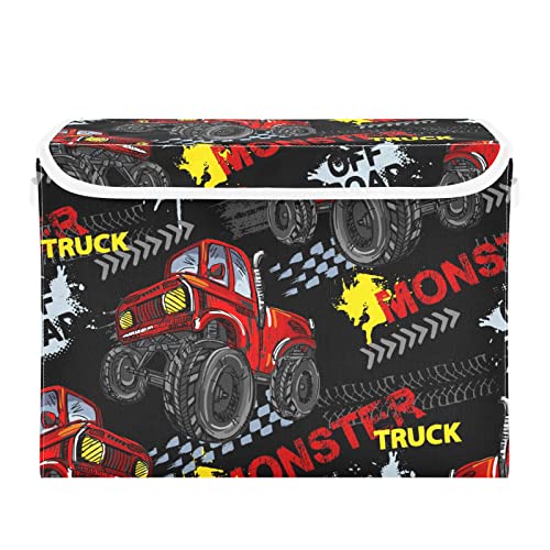 ISAOA Großer Spielzeugkorb mit Deckel, Monster Red Truck Auto Aufbewahrungskörbe Korb Faltbarer Organizer für Schlafzimmer, Spielzimmer von ISAOA