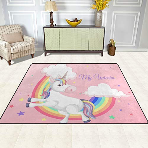 ISAOA Moderner und weicher Kinderteppich, Einhorn mit Regenbogen-Teppich, für Schlafzimmer, Wohnzimmer, Kinderzimmer, Dekoration, rutschfest und waschbar, 152 x 120 cm von Mnsruu