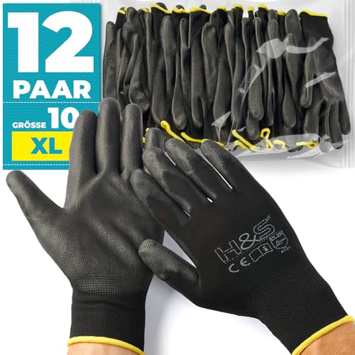 ISC Hygiene & Safety Arbeitshandschuhe Herren Gr 10 - Schutz Handschuhe für Arbeit Werkstatt Mechaniker Montage Gartenhandschuhe - 12 Paar Größe XL X-Large - Nylon PU-beschichtet mit Grip Tastgefühl von ISC Hygiene & Safety