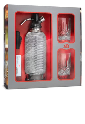 iSi Soda Maker Classic Geschenkset, Inkl. 2 x Gläser & 10 Sodakapseln, Soda Siphon, Wassersprudler 1,0L, Edelstahl, Barzubehör für prickelndes Sprudelwasser von ISI