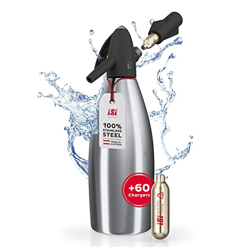 ISI Soda Siphon 1L inkl. 6 x 10 CO2 Kapseln für Soda & Sprudel - Edelstahl Wassersprudler Set + CO2 Kartuschen - Wasser Sprudler - Bar Zubehör von ISI