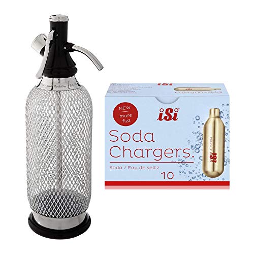 iSi Classic Stahlgitter-SodaMaker-Flasche (1 Quart) mit CO2-Soda-Siphon-Ladegeräten (10er-Pack) Bündel – für die Herstellung von Sprudelwassergetränken von ISI