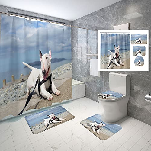 ISILA 4 Stück Bullterrier Duschvorhang Set mit rutschfestem Teppich Matte Toilettendeckel lustig niedlicher weißer Hund wasserdichter Duschvorhang Set von ISILA