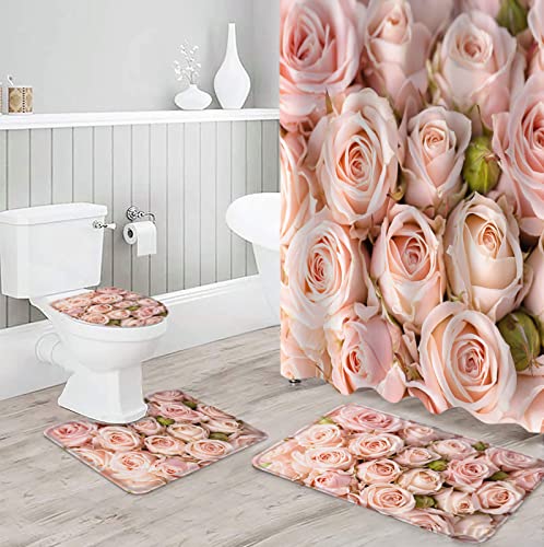 ISILA Rosenrosa Blume Duschvorhang Set Rutschfester Teppich Toilettendeckel und Badematte Badezimmervorhang Set von ISILA