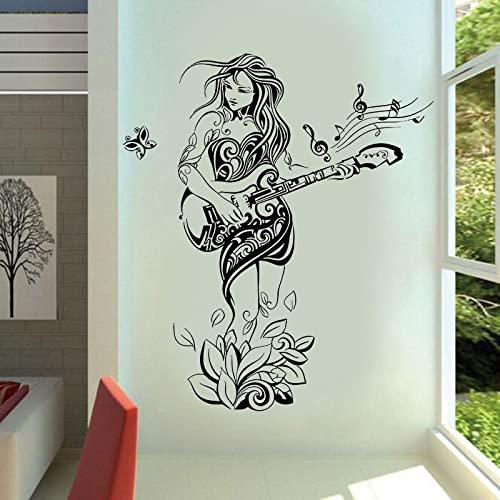 Vinyl-Wandaufkleber für Mädchen, Gitarre, abstrakte Blume, Schmetterling-Applikation, Mädchenzimmer, Musikzimmer, Kunst, Gitarre, 57 x 66 cm von ISILA