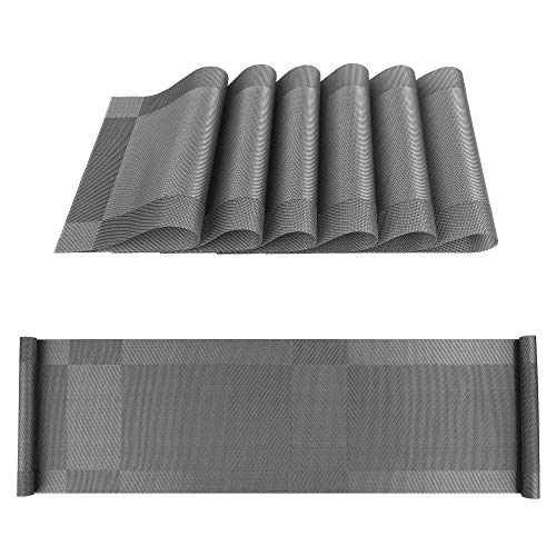 ISIYINER Tischläufer und Tischsets rutschfest Abwaschbar PVC Platzdeckchen Set von 6 mit Passenden Tischläufer für Küche Zuhause Restaurant Speisetisch 30 x 180 cm von ISIYINER