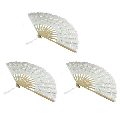 ISKDJBJG 3X Handgemachte Baumwollspitze Klappbar Handventilator Fuer Brauthochzeit Dekoration (Beige) von ISKDJBJG