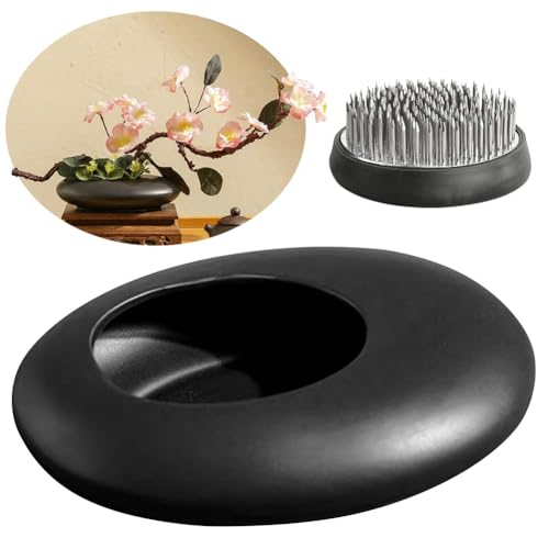 ISKDJBJG Sentimentales Keramikvasen-Set, Kieselsteinförmige Blumenarrangement-Schale mit 2-Blumenfrosch-Stielhalter, Schwarz von ISKDJBJG