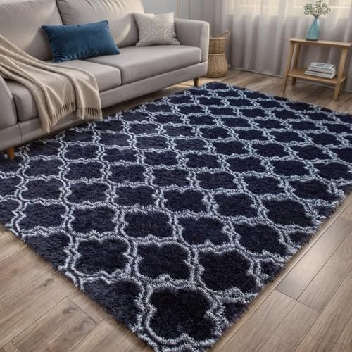 ISMOL Weicher Teppich 120x180cm Wohnzimmer Schlafzimmer Zottelteppich Flauschiger Zottelteppich modern Indoor Rutschfester Teppich waschbar Teppich (Dunkelblau) von ISMOL