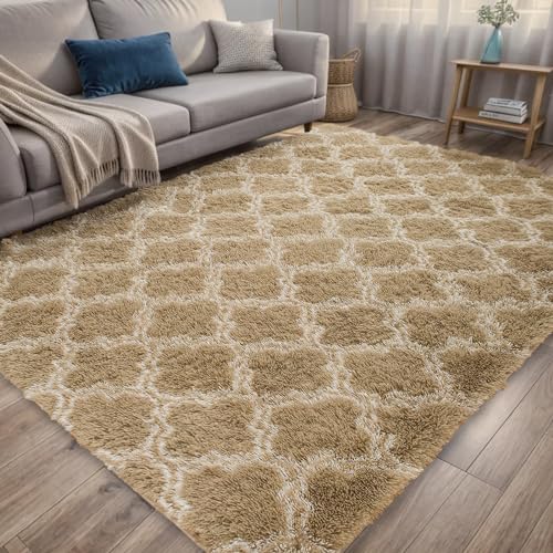 ISMOL Weicher Teppich für Wohnzimmer und Schlafzimmer - Flauschiger Zottelteppich Modern Indoor Rutschfest Waschbar (Khaki, 80x160cm) von ISMOL