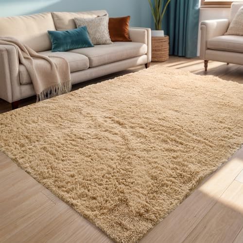 ISMOL Weicher Zottelteppich Flauschiger Flächenteppich Waschbarer Anti-Rutsch-Teppich Wohnzimmer Schlafzimmer Kinderzimmer Moderner einfarbiger（Khaki，60x90cm） von ISMOL