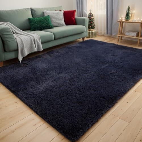 ISMOL Weicher Zottelteppich Flauschiger Flächenteppich Waschbar Anti-Rutsch Wohnzimmer Schlafzimmer Kinderzimmer Moderner Einfarbiger (Blau, 120x180cm) von ISMOL