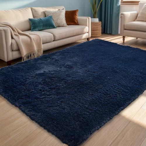 ISMOL Weicher Zottelteppich Flauschiger Flächenteppich Waschbarer Anti-Rutsch-Teppich Wohnzimmer Schlafzimmer Kinderzimmer Teppich Moderner einfarbiger Teppich (Blau, 80x160cm) von ISMOL