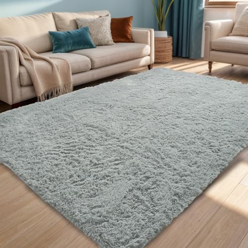 ISMOL Weicher Zottelteppich Flauschiger Flächenteppich Waschbarer Anti-Rutsch-Teppich Wohnzimmer Schlafzimmer Kinderzimmer Moderner einfarbiger (Hellgrau, 60x90cm) von ISMOL