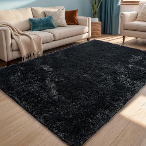 ISMOL Weicher Zottelteppich Flauschiger Flächenteppich Waschbarer Anti-Rutsch-Teppich Wohnzimmer Schlafzimmer Kinderzimmer Moderner einfarbiger (Schwarz, 60x90cm) von ISMOL