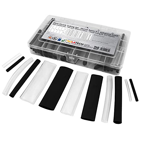 142-tlg. 3:1 mit Kleber Transparent-Schwarz Mix Schrumpfschlauch Set unbeschriftet. Set mit Gesamtlänge von 8,3m in praktischen Box. Heißkleberschicht auf der Innenseite wasserdicht ISOLATECH von ISOLATECH