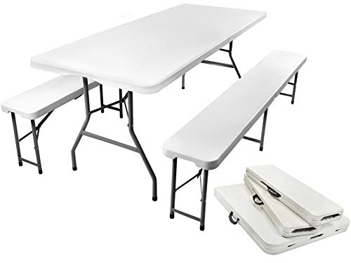 ISO TRADE Campingtisch und Banketttisch belastbar bis 230 kg pro Bank 180 cm mit 2 Bänken - Gartentisch Catering Wetterfest - Klapptisch als Kofferset 3257 von ISO TRADE
