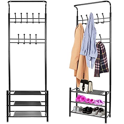 ISO TRADE Garderobenständer Kleiderständer mit Schuhregal 3 Ablagen mit 18 Hakenaus Schwarz 65x29 x192cm 15744 von ISO TRADE