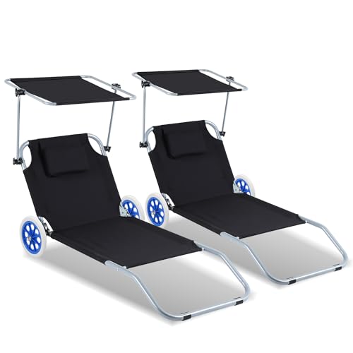 ISOISL 2X Strandliege mit Rollen, Strandliege Klappbar 5-Fach Verstellbarer Rückenlehne,Strandliegen 100kg belastbar,Liegestuhl für Strand oder Pool Garten,Strandsitz Faltbar,Schwarz von ISOISL