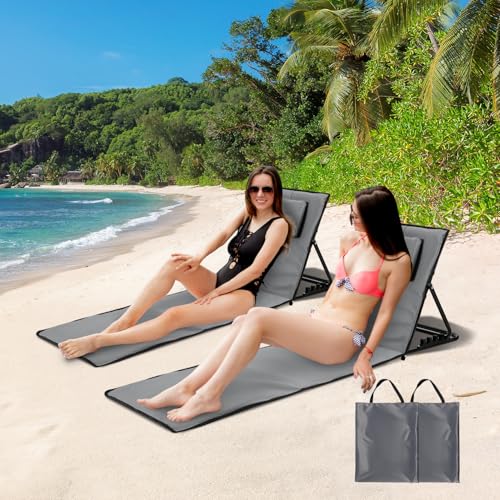 ISOISL 2er Strandliege Klappbar Leicht Strandmatte mit Rückenlehne,Sonnenliege ohne Beine mit Staufach,Tragbar Sonnenmatte inkl.Tasche für Strand Garten,Campingm,Park L145cm,Grau von ISOISL
