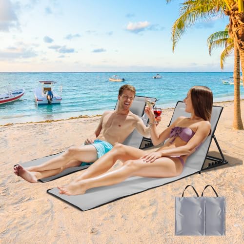 ISOISL 2er Strandliege Klappbar Leicht Strandmatte mit Rückenlehne,Sonnenliege ohne Beine mit Staufach,Tragbar Sonnenmatte inkl.Tasche für Strand Garten,Campingm,Park L145cm,Helles Grau von ISOISL