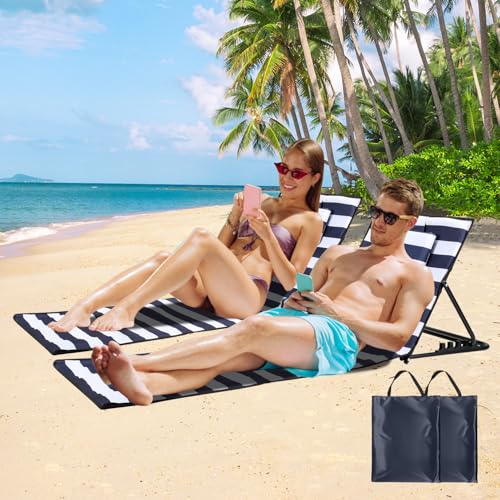 ISOISL 2er Strandliege Klappbar Leicht Strandmatte mit Rückenlehne,Sonnenliege ohne Beine mit Staufach,Tragbar Sonnenmatte inkl.Tasche für Strand Garten,Campingm,Park L158cm,Blau-Weiß von ISOISL