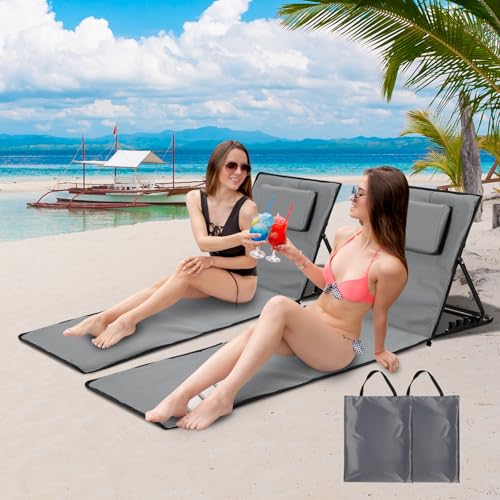 ISOISL 2er Strandliege Klappbar Leicht Strandmatte mit Rückenlehne,Sonnenliege ohne Beine mit Staufach,Tragbar Sonnenmatte inkl.Tasche für Strand Garten,Campingm,Park L158cm,Grau von ISOISL