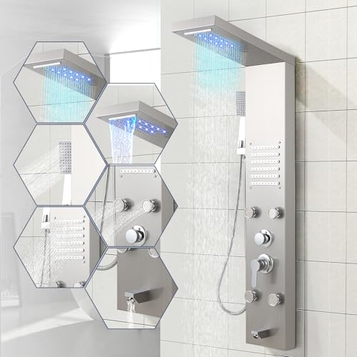 ISOISL Duschpaneel mit Armatur, Edelstahl Duschpaneel 5 Funktionen mit LED Regen&Wasserfall Dusche、Handbrause、Massagedüsen und Wanneneinlauf Duschpaneel Duschsäule ISOISL Duschpaneel mit Armatur, Edelstahl Duschpaneel 5 Funktionen mit LED Regen&Wasserfall Dusche、Handbrause、Massagedüsen und Wanneneinlauf Duschpaneel Duschsäule von ISOISL