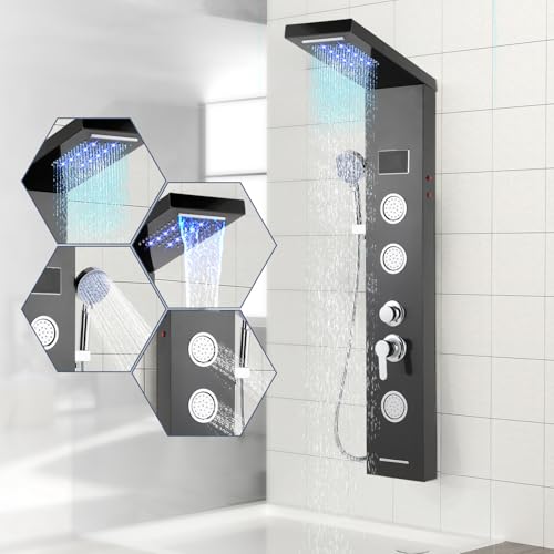 ISOISL Duschpaneel mit Armatur, Edelstahl Duschpaneel 5 Funktionen mit LED Temperaturanzeige Regen&Wasserfall Dusche、Handbrause、Massagedüsen und Wanneneinlauf Duschpaneel Duschsäule ISOISL Duschpaneel mit Armatur, Edelstahl Duschpaneel 5 Funktionen mit LED Temperaturanzeige Regen&Wasserfall Dusche、Handbrause、Massagedüsen und Wanneneinlauf Duschpaneel Duschsäule von ISOISL