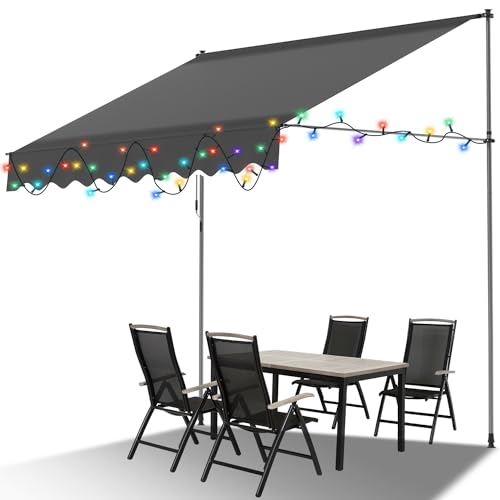 ISOISL Klemmmarkise 250 cm breit mit LED Beleuchtung, Markise ohne Bohren mit Handkurbel, UV-beständig, Sonnenschutz und Wasserdicht,Markise Balkon Anthrazit von ISOISL