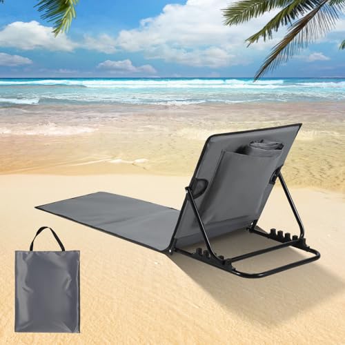 ISOISL Strandmatte faltbar,strandmatten gepolstert,Strandliege mit Handtasche,Staufächern,eingebautes Kissen mit 5-Gang-Einstellung, verschleißfestes Gewebe(145cm,dunkelgrau) von ISOISL