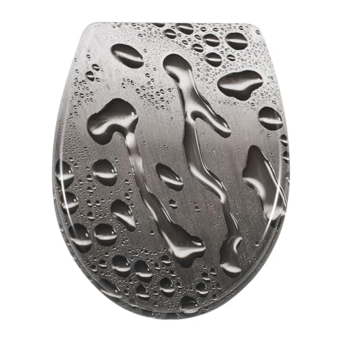 ISOISL Toilettendeckel, WC Sitz mit Absenkautomatik O Form Klodeckel Decorative Design Oval Toilet Seat Bis 150kg Verschiedene Designs verfügbar (Graue Wassertropfen) von ISOISL