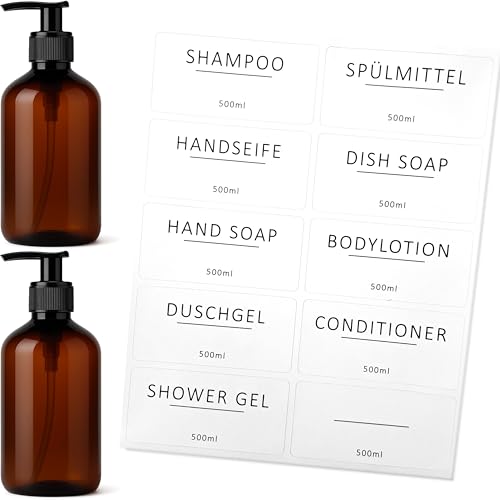 ISOLATECH 2er Set 500ml Badezimmer Seifenspender Flaschen Set mit schwarzer Dosierpumpe - Braune PET Leere Flaschen, Nachfüllbar für Duschgel, Shampoo, Bodylotion - Inkl. 10 Etiketten ISOLATECH 2er Set 500ml Badezimmer Seifenspender Flaschen Set mit schwarzer Dosierpumpe - Braune PET Leere Flaschen, Nachfüllbar für Duschgel, Shampoo, Bodylotion - Inkl. 10 Etiketten von ISOLATECH