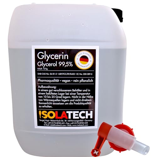 ISOLATECH Glycerin 99,5% 10L Pharmaqualität made in Germany, gemessen 99,98% rein pflanzlich, Glyzerin Glycerol flüssig mit SABEU Fluxx AH23/51 HF Ausgießhahn DIN 51 10L -Kanister (Inhalt 12kg) von ISOLATECH