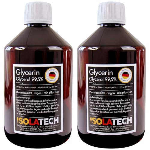 ISOLATECH Glycerin 99,5% 1L Pharmaqualität made in Germany, gemessen 99,98% rein Pflanzlich, Glyzerin Glycerol flüssig transparent 2 x 500ml-Flasche (Inhalt 2 x 600g) von ISOLATECH