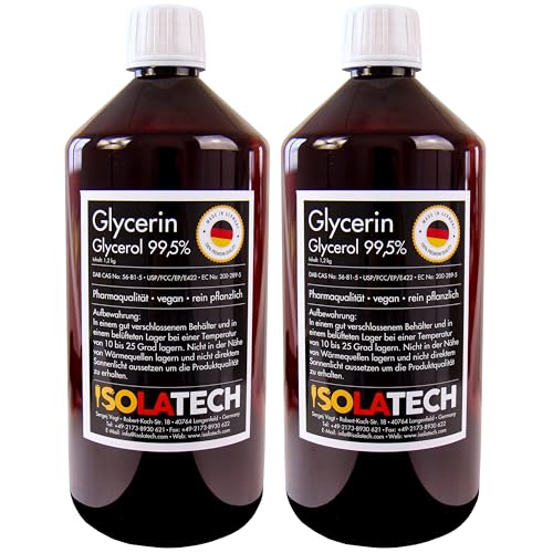 ISOLATECH Glycerin 99,5% 2 Liter Pharmaqualität made in Germany, gemessen 99,98% rein Pflanzlich, Glyzerin Glycerol flüssig transparent 2 x 1000ml-Flasche (Inhalt 2 x 1,2kg) von ISOLATECH