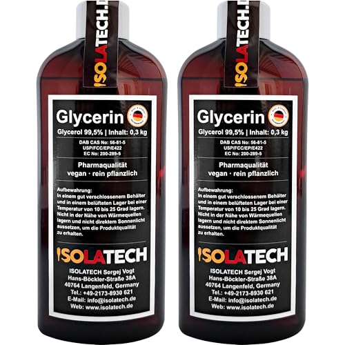 ISOLATECH Glycerin 99,5% 500ml Pharmaqualität made in Germany, gemessen 99,98% rein Pflanzlich, Glyzerin Glycerol flüssig transparent 2 x 250ml-Flasche (Inhalt 2 x 300g) von ISOLATECH