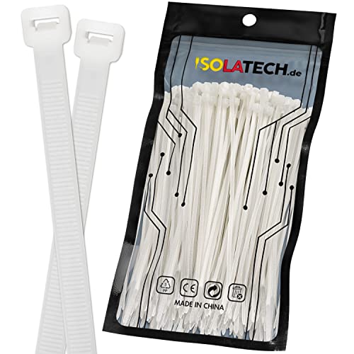 ISOLATECH Kabelbinder Weiß UV Beständig 200 Stück 250mm x 3,6mm groß klein lang breit dünn extra stark reißfest verschließbar Industriequalität Nylon Set Auswahl von ISOLATECH