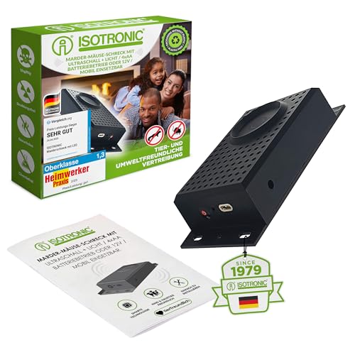 ISOTRONIC Marderschreck batteriebetrieben | Marderabwehr Blitzlicht + Ultraschall für Haus, Auto, Garage, Garage, Dachboden | vertreibt Marder, Mäuse, Ratten | Innenraum und Fahrzeug, mardersicher von ISOTRONIC