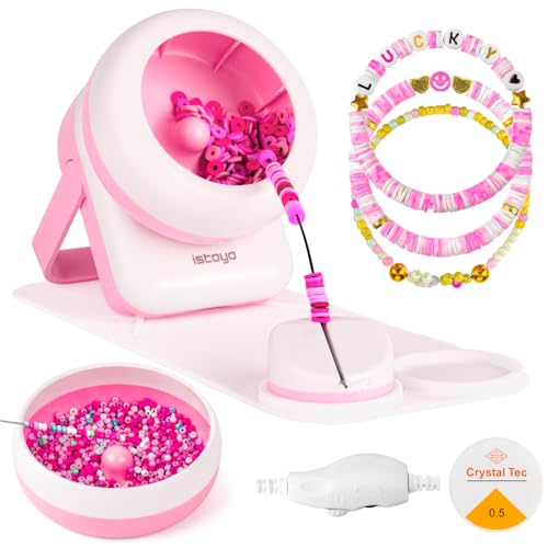 ISTOYO 2IN1 Einstellbarer Elektrischer Clay und Rocaille Perlen Spinner, Zweizweck-Schmuckherstellungswerkzeug mit Großer Ösenperlennadel, Ideal für Armbänder und Halsketten (Rosa) von ISTOYO