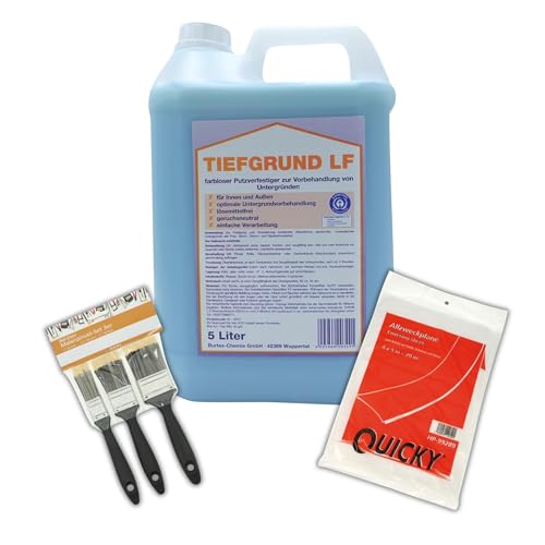 IT`SYOUR+ Tiefgrund-Bundle-Set: Burtex Tiefgrund Basic Grundierung LF 5l, 3er-Maler-Pinsel-Set & Abdeckplane - Lösungsmittelfrei & Geruchsneutral - Perfekte Vorbehandlung für Innen & Außen (5 Liter) IT`SYOUR+ Tiefgrund-Bundle-Set: Burtex Tiefgrund Basic Grundierung LF 5l, 3er-Maler-Pinsel-Set & Abdeckplane - Lösungsmittelfrei & Geruchsneutral - Perfekte Vorbehandlung für Innen & Außen (5 Liter) von IT`SYOUR+