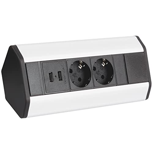 Lumonic ConerBox 2x Schuko Steckdose + 2x USB 2,4A Tischsteckdose silber I 2 Steckdosen mit 230V max. 3600W I Größe 224 x 64 x 64mm Ideal zur Eckmonta von Lumonic