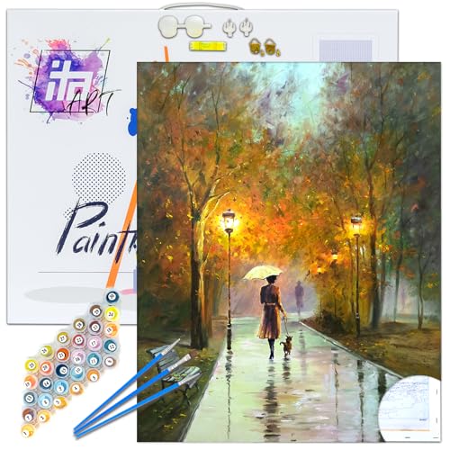 ITA Art Malen nach Zahlen Komplett Set mit Keilrahmen, Acrylfarben, Pinseln, Zubehör, Geschenkbox - DIY Gemälde Bastelset Kit mit Leinwand für Erwachsene, 40x50 cm, Regnerischer Herbst von ITA