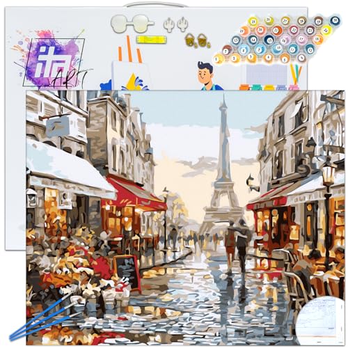 ITA Art Malen nach Zahlen Komplett Set mit Keilrahmen, Acrylfarben, Pinseln, Zubehör, Geschenkbox - DIY Gemälde Bastelset Kit mit Leinwand für Erwachsene, 40x50 cm, Regnerisches Paris von ITA