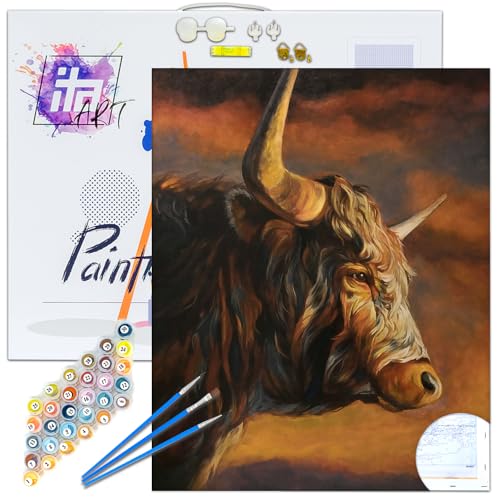 ITA Art Malen nach Zahlen Komplett Set mit Keilrahmen, Acrylfarben, Pinseln, Zubehör, Geschenkbox - DIY Gemälde Bastelset Kit mit Leinwand für Erwachsene, 40x50 cm, Rind von ITA