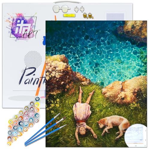 ITA Art Malen nach Zahlen Komplett Set mit Keilrahmen, Acrylfarben, Pinseln, Zubehör, Geschenkbox - DIY Gemälde Bastelset Kit mit Leinwand für Erwachsene, 40x50 cm, Sorglosigkeit von ITA